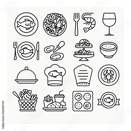 Seafood icons: fish, shrimp, lobster, dining utensils, chef hat, food basket, menu