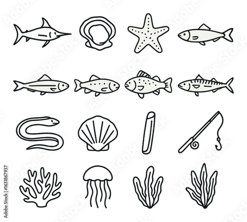 Marine life icons: fish, seashells, starfish, coral, seaweed, fishing hook