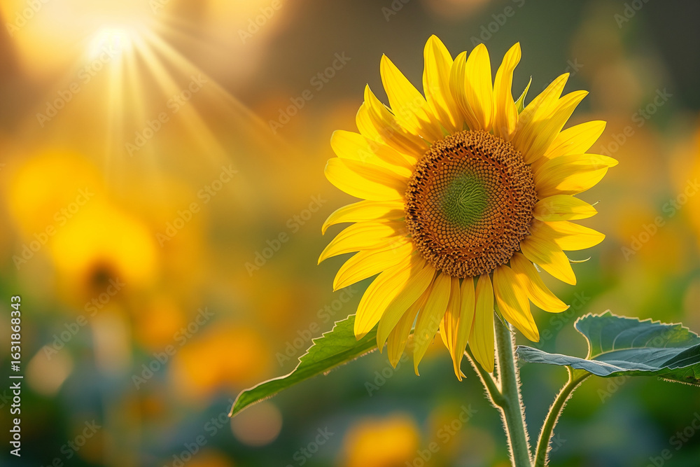 Fototapeta premium Sunflower in Sunlight: A Vibrant Bloom Against a Blurred Field