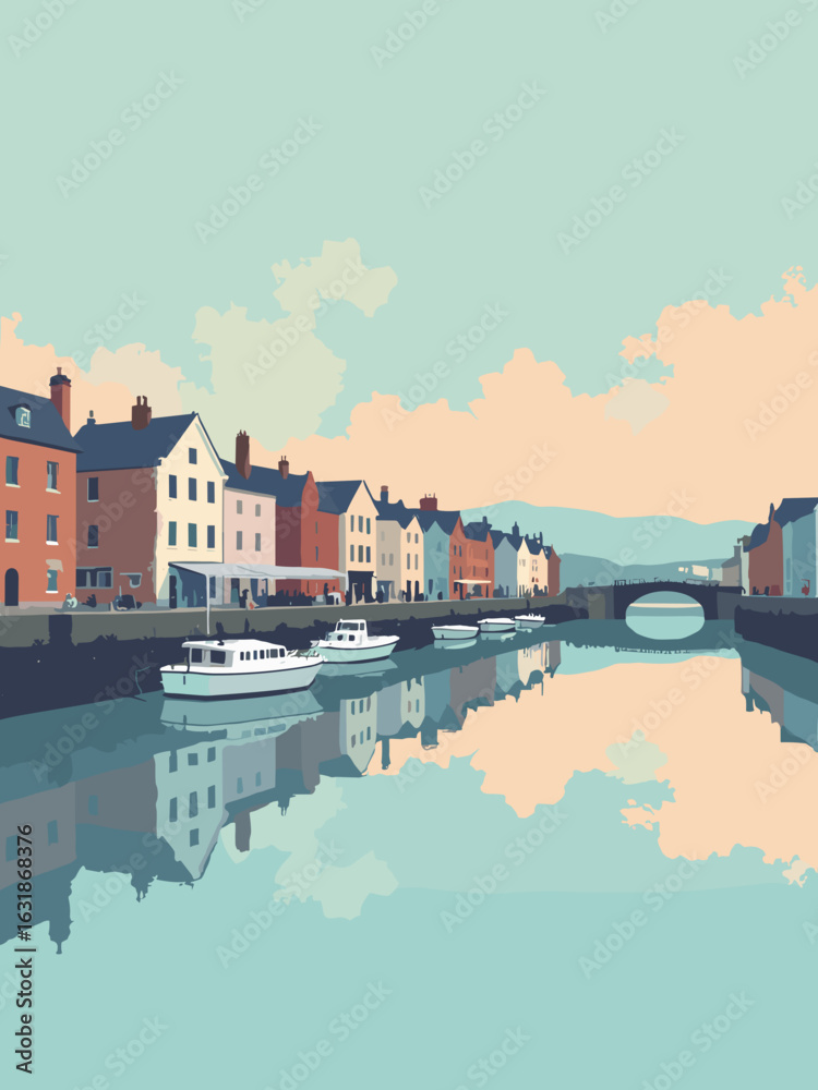 Fototapeta premium Christchurch – Priory and quay reflections in water teal, priory stone, boat white, and dawn peach