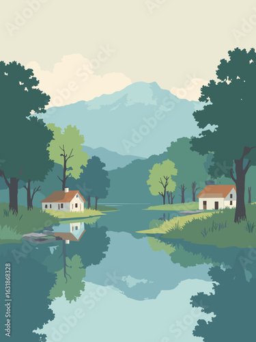 Andover – Anton Lakes fishing huts and oak groves in hut white, lake blue, leaf green, and sky gray
