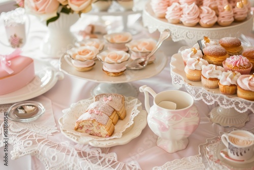 Elegant Pink Dessert Table Afternoon Tea Party Cupcakes Treats Pastries Sweets Flowers Roses Party Cakes Tea Dishes and