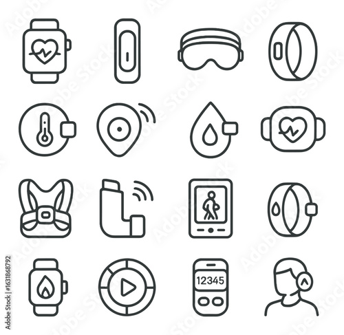 Collection of wearable fitness technology icons in linear style