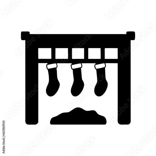 Black and white illustration of fireplace with three Christmas stockings