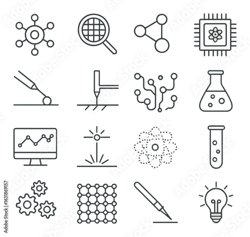 Science and technology icons set featuring lab equipment and circuit design elements