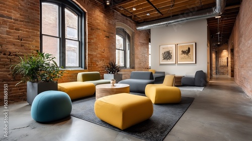 Modern office space with lounge seating and exposed brick wall design elements