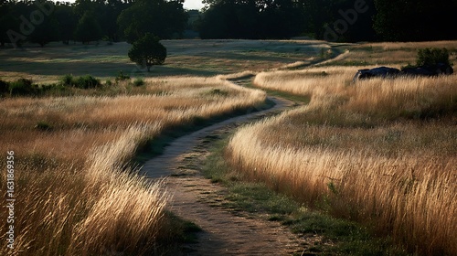 Golden hour path through a field of tall grass leading to trees