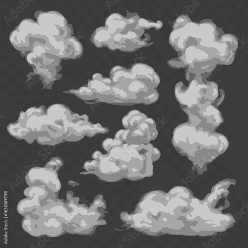 Collection of nine cartoon-style grey clouds in various shapes and sizes, isolated on a transparent background.