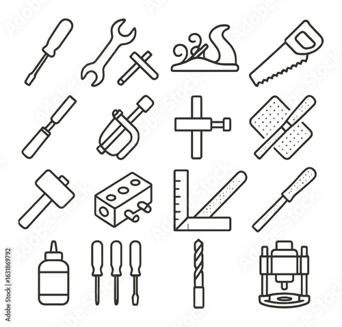 Outline set of woodworking tools on a brown background