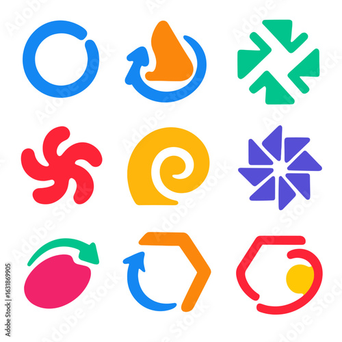 Bold Spinning Icons. Flat vector icons of rotational and spinning shapes: spinning ring icon, rotating triangle, radial arrow