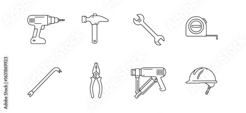 A collection of simple line art illustrations of construction tools for various purposes
