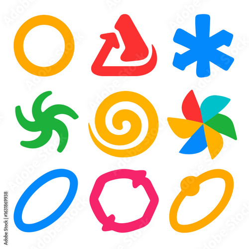 Bold Spinning Icons. Flat vector icons of rotational and spinning shapes: spinning ring icon, rotating triangle, radial arrow