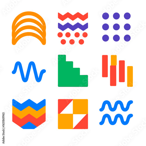 Bold Repetitive Icons. Flat vector icons of abstract rhythm and repetition: repeating arcs, layered pattern lines, offset dots,