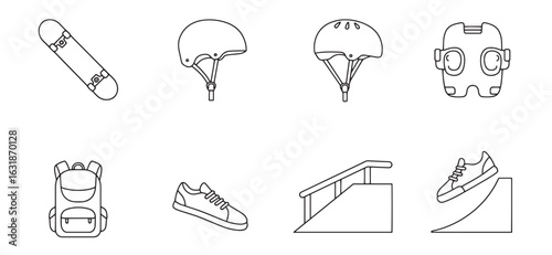 Black and white outline skateboarding equipment and gear collection isolated on white