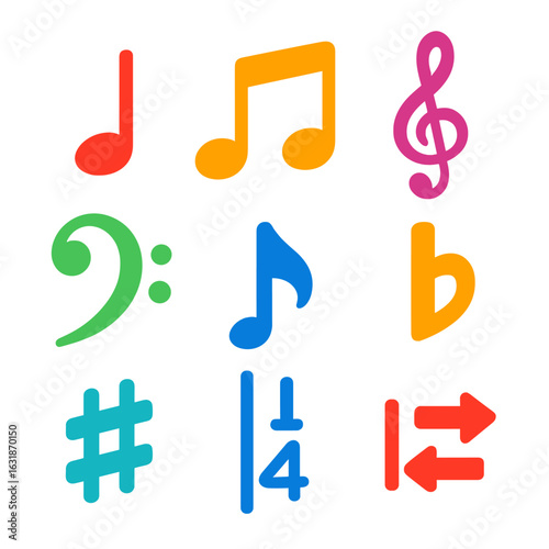 Minimalist Music Icons. Flat vector icons of minimalist music notes and symbols: single eighth note, double note icon, treble clef
