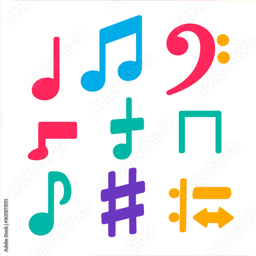 Minimalist Music Icons. Flat vector icons of minimalist music notes and symbols: single eighth note, double note icon, treble clef
