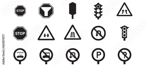 Black and white road traffic signs set depicting various driving and street regulations