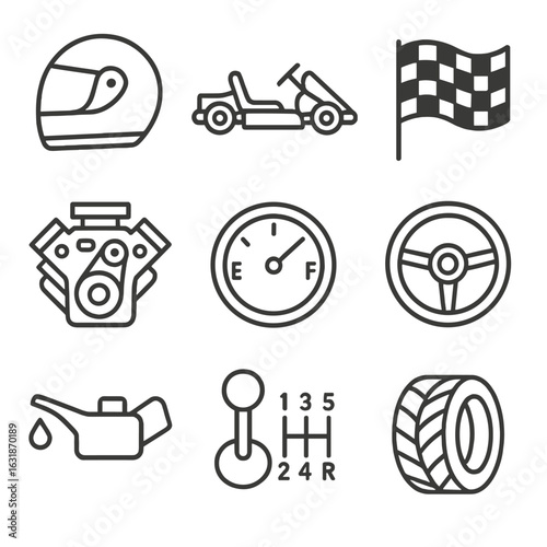 Motor Hobbies Icons. Line style icons of motor hobbies: motorcycle helmet, go-kart, race flag, car engine, fuel gauge, steering