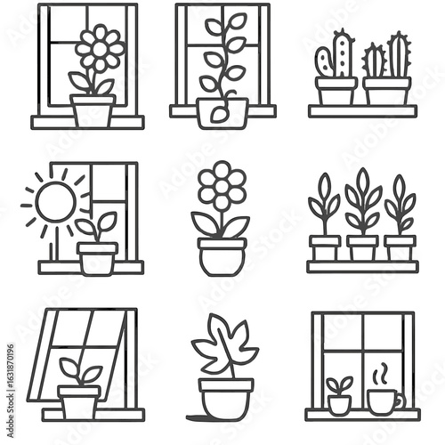 Windowsill Plant Icons. Line style icons of windowsill plant decoration: flowerpot by window, climbing vine on ledge, mini cacti