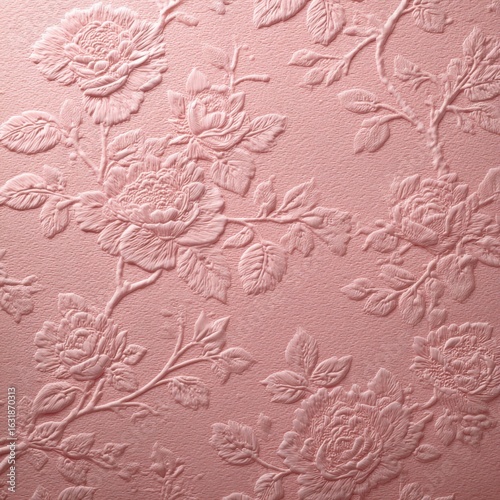 Pink monochrome embossed pattern with the image of Chinese rose, complex and symmetrically arranged relief of roses, buds, leaves, multi-layered detailed embossing on paper