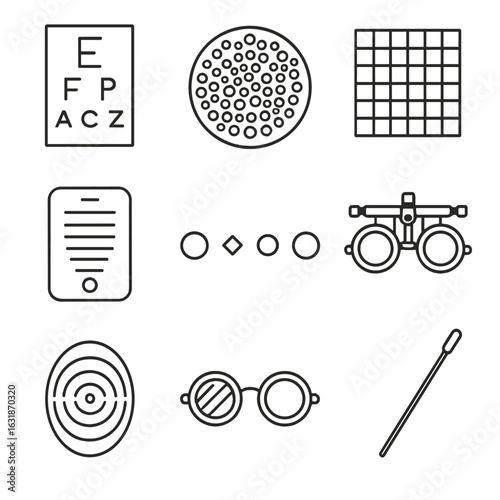 Eye Testing Icons. Line style icons of eye testing tools: Snellen chart, color blindness test plate, Amsler grid, near vision card