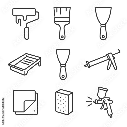 Painting Tools Icons. Line style icons of painting and finishing tools: paint roller, paintbrush, scraper, paint tray, putty knife