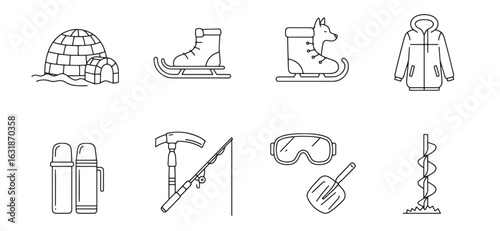 Black and white winter icons representing cold weather activities and arctic exploration