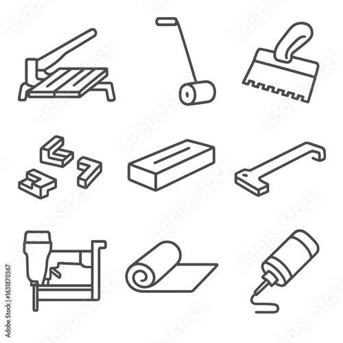 Flooring Installation Icons. Line style icons of flooring installation equipment: laminate cutter, floor roller, adhesive trowel,