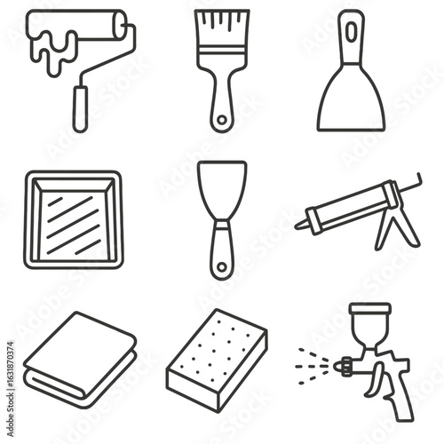 Painting Tools Icons. Line style icons of painting and finishing tools: paint roller, paintbrush, scraper, paint tray, putty knife
