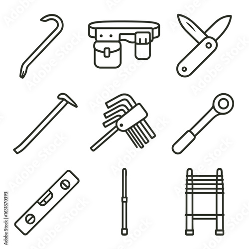 Construction Tool Icons. Line style icons of multi-purpose construction tools: crowbar, tool belt, folding knife, pry bar, hex key