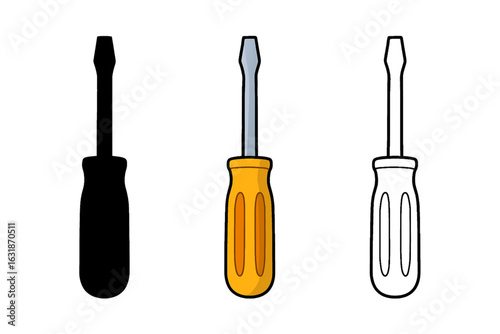 Screwdriver Vector Set – Silhouette, Colorful, and Outline Versions – Tool Illustration on White Background for Repair, DIY, and Workshop Graphics