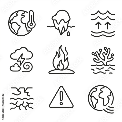 Climate Change Icons. Line style icons of climate impact from CO2: warming Earth, melting ice caps, rising sea levels, extreme
