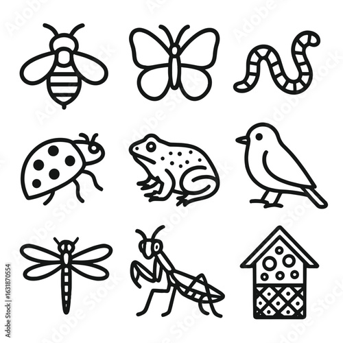 Garden Wildlife Icons. Line style icons of garden wildlife helpers: bee, butterfly, earthworm, ladybug, toad, bird, dragonfly,