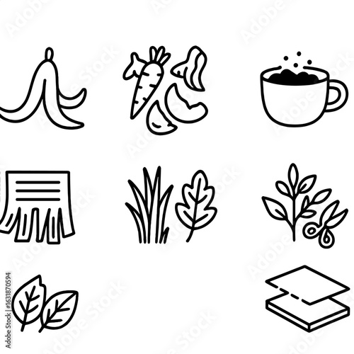 Compostable Waste Icons. Line style icons of compostable garden waste: fruit peels, vegetable scraps, coffee grounds, eggshells,