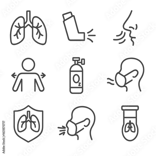 Respiratory Health Icons. Line style icons of respiratory health: lungs icon, inhaler device, nose and airflow lines, breathing