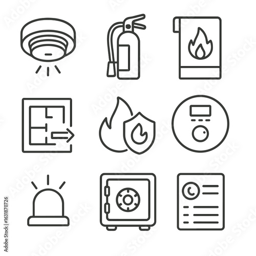 Home Fire Safety Icons. Line style icons of fire safety at home: smoke detector, fire extinguisher, fire blanket, emergency exit