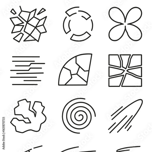 Fragmented Abstract Compositions. Line style icons of fragmented abstract compositions: shattered polygon field, broken arc