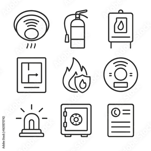 Home Fire Safety Icons. Line style icons of fire safety at home: smoke detector, fire extinguisher, fire blanket, emergency exit