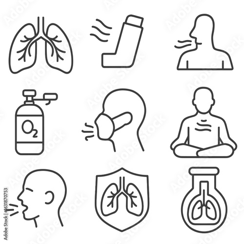 Respiratory Health Icons. Line style icons of respiratory health: lungs icon, inhaler device, nose and airflow lines, breathing