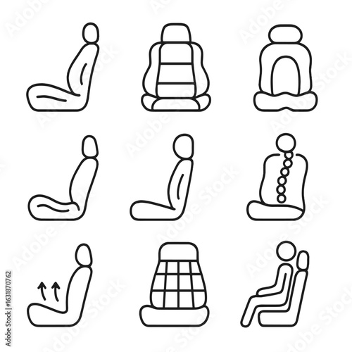 Ergonomic Seat Icons. Line style icons of ergonomic seat designs: lumbar curve support, side bolster shaping, orthopedic seat icon