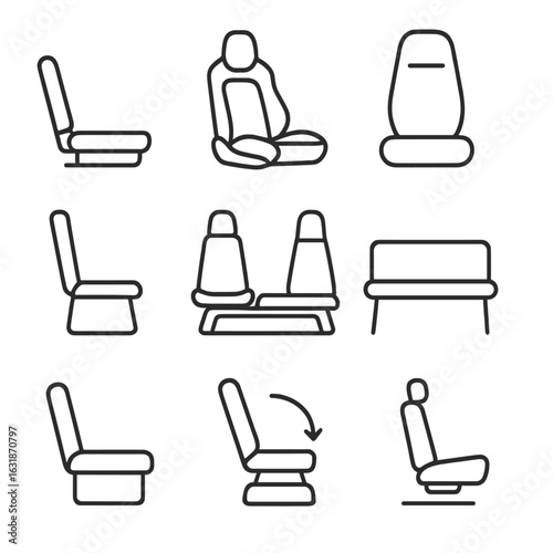 Compact Vehicle Seat Icons. Line style icons of compact vehicle seat solutions: space-saving fold seat, micro-car bucket seat,