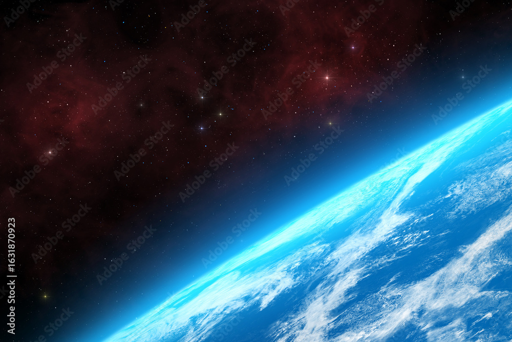 Fototapeta premium Habitable exoplanet in distant galaxy. Earth like exoplanet with atmosphere suitable for human life and colonization. Surface of a habitable alien planet in dark open space. High resolution image.