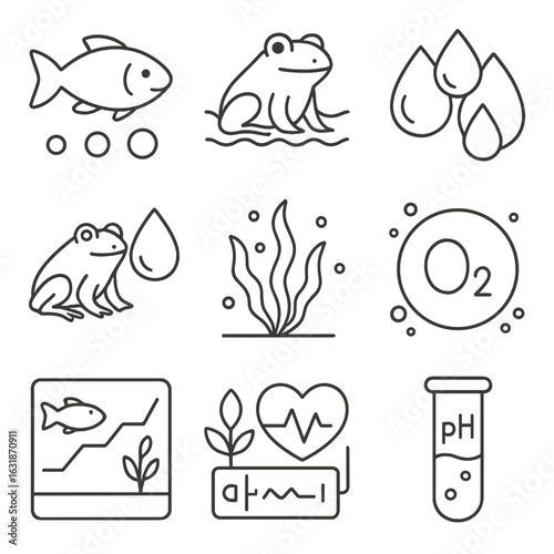 Aquatic Icons Line Art. Line style icons of aquatic wildlife and water quality: fish health scale, amphibian in clean water, water