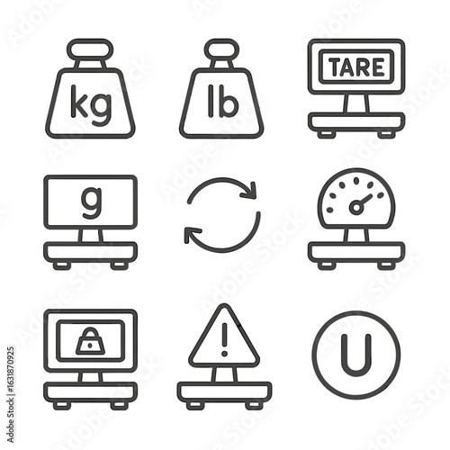 Weighing Icons Collection. Line style icons of weighing symbols and units: kg icon, lb weight symbol, tare icon, gram measurement,