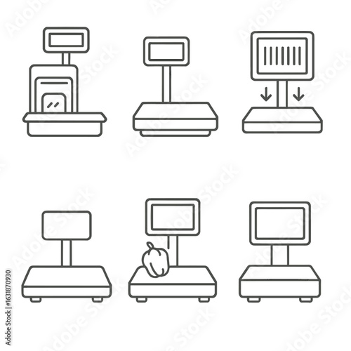 Automated Checkout Scales. Line style icons of automated store checkout scales: grocery scale with scanner, self-checkout platform