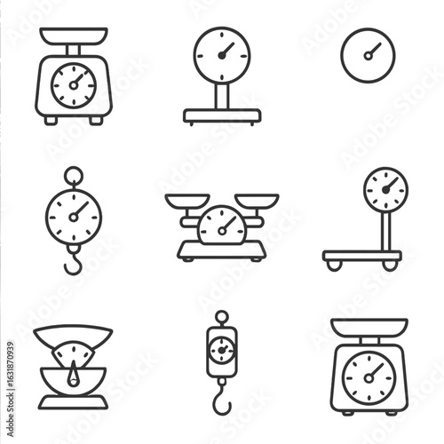 Mechanical Scales Icons. Line style icons of mechanical weighing scales: spring dial scale, analog platform scale, needle pointer
