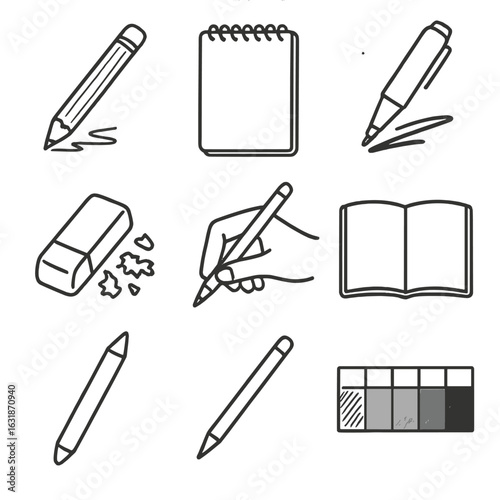 Sketching Tools Icons. Line style icons of sketching tools and supplies: pencil with rough lines, eraser with shavings, sketchpad
