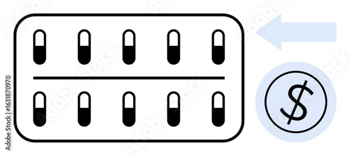 Pill pack with capsules, arrow pointing left toward dollar sign, symbolizing healthcare costs. Ideal for pharmaceuticals, affordability, insurance, pricing, healthcare, budgeting simple flat