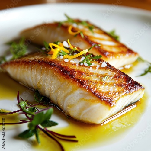 Branzino filet perfectly seared with crispy golden skin topped with microgreens and sea salt in premium restaurant setting