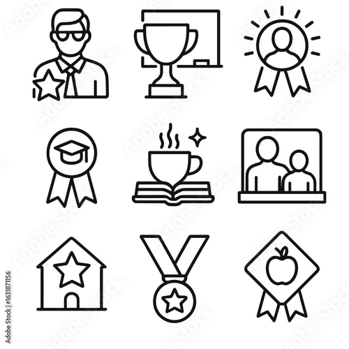 Education Excellence Icons. Line style icons of excellence in education: teacher award icon, classroom trophy, student spotlight
